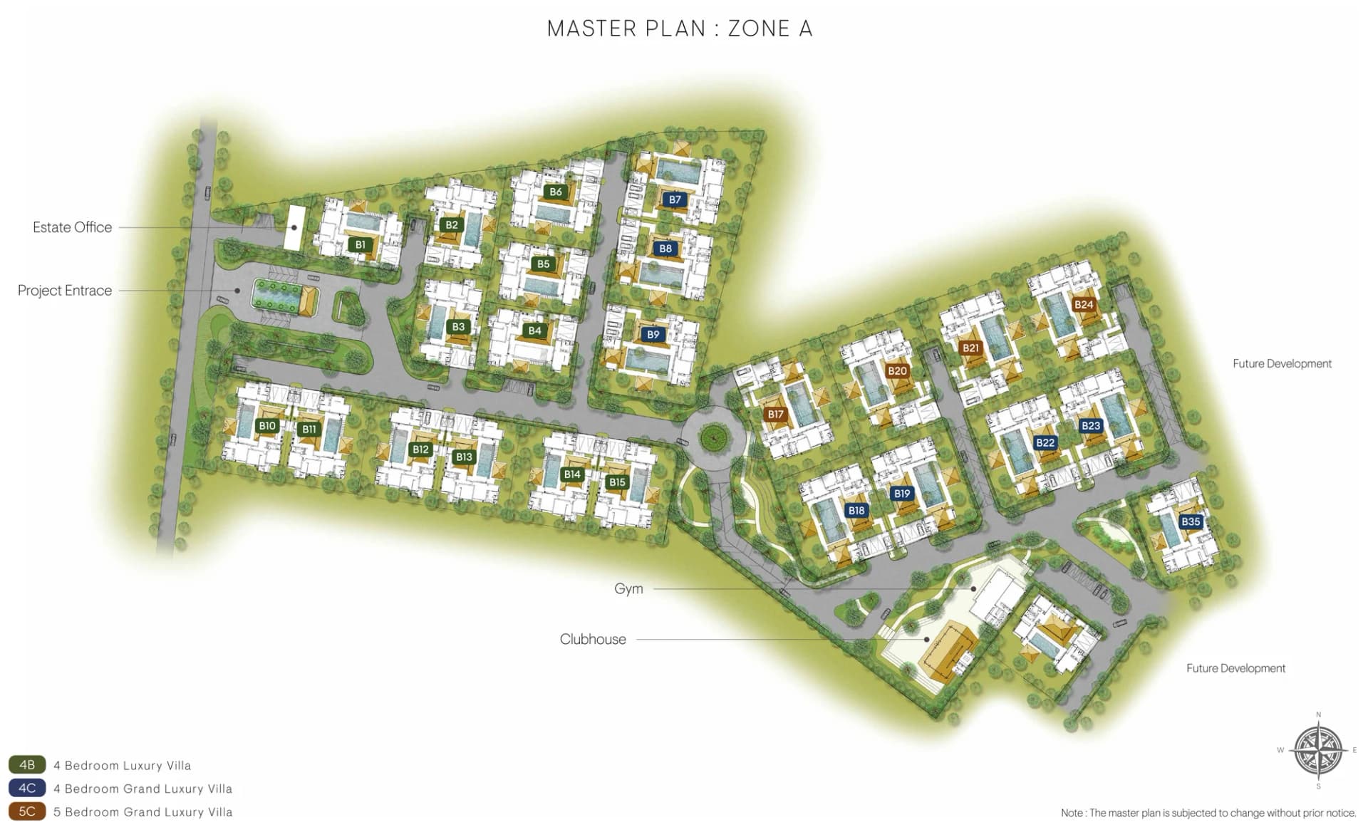 Gesamtplan der Zone A: Parzellen der Typen 4B, 4C und 5C, Eingang, Büro der Anlage, Fitnessstudio und Clubhaus
